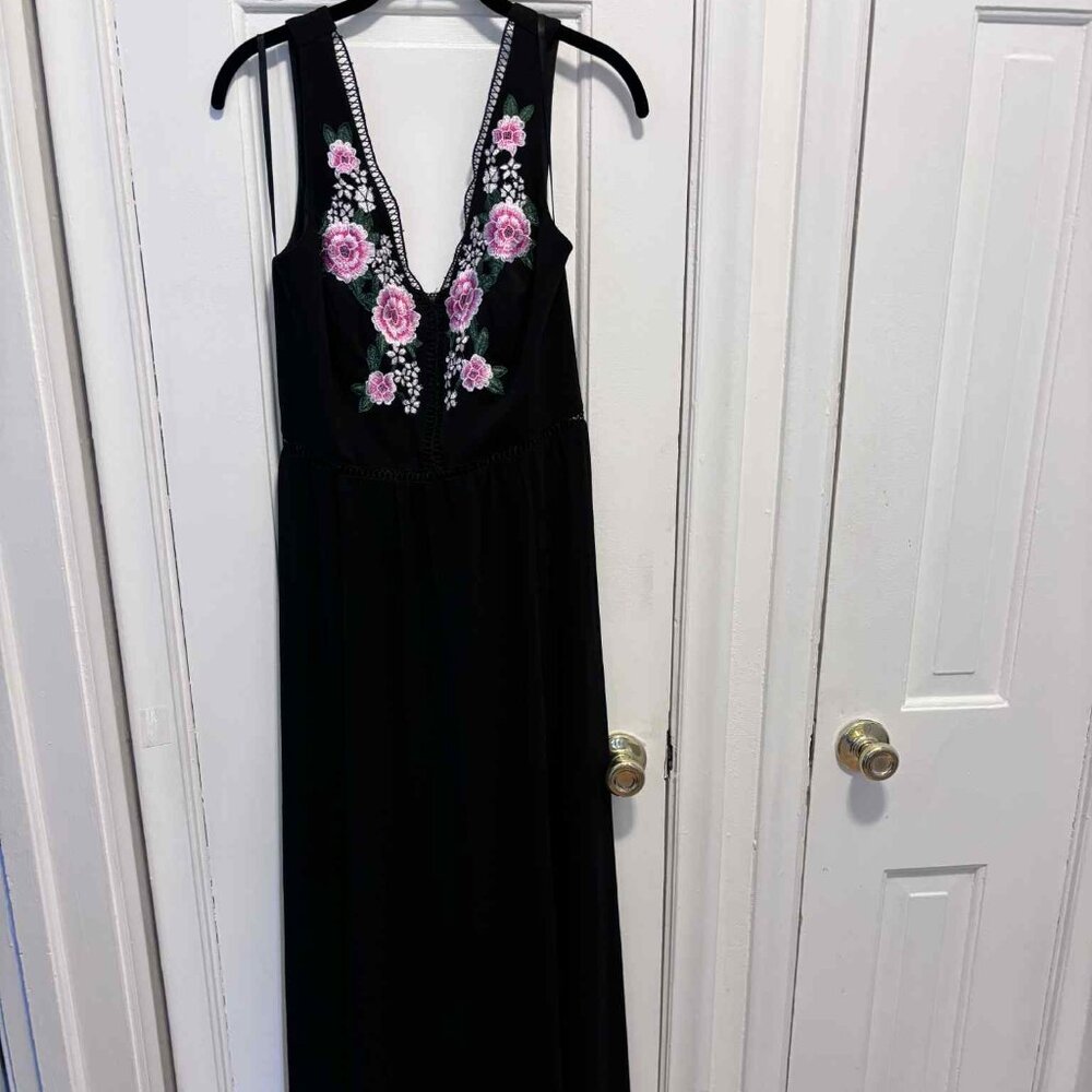 Premier Amour Black Maxi Dress Embroidered Floral Pink Rose S 8 lined